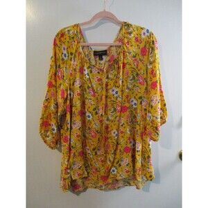 Lane Bryant Womens Sz 20 Floral Gauze Tunic Blouse Top Yellow 1/2 Sleeve